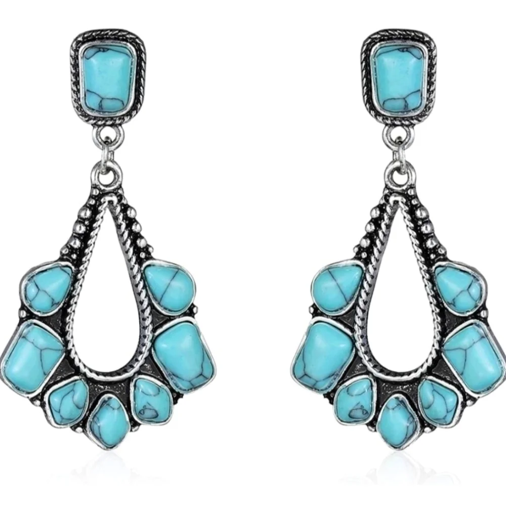 Bohemian Earrings Silver Plated 2" Turquoise Western Jewelry - Picture 5 of 8